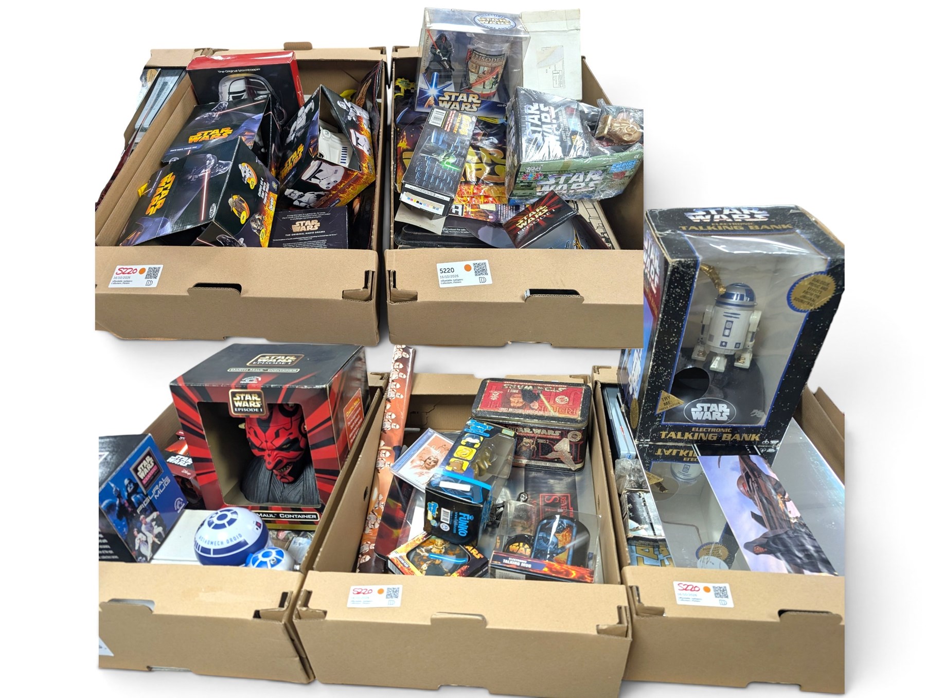 Large collection of Star Wars collectables, including figural mugs, books, talking bank, Darth Maul container, glasses, etc, in five boxes