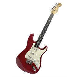 1990s Korean Squier Fender Stratocaster electric guitar in cherry red; serial no.S965951, L98cm
