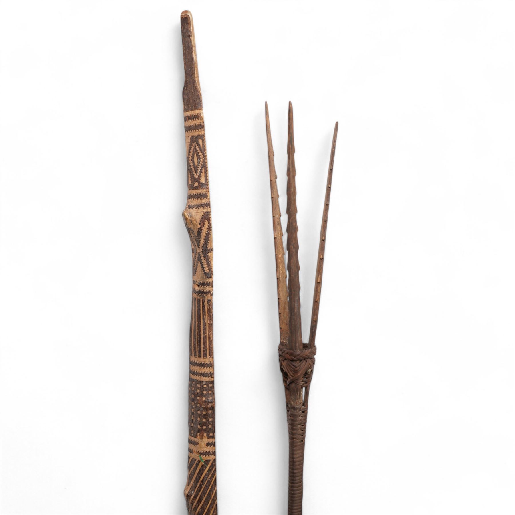 New Guinea self bow with decoration L144cm, a European bow, possibly Lapland, African spears and an axe