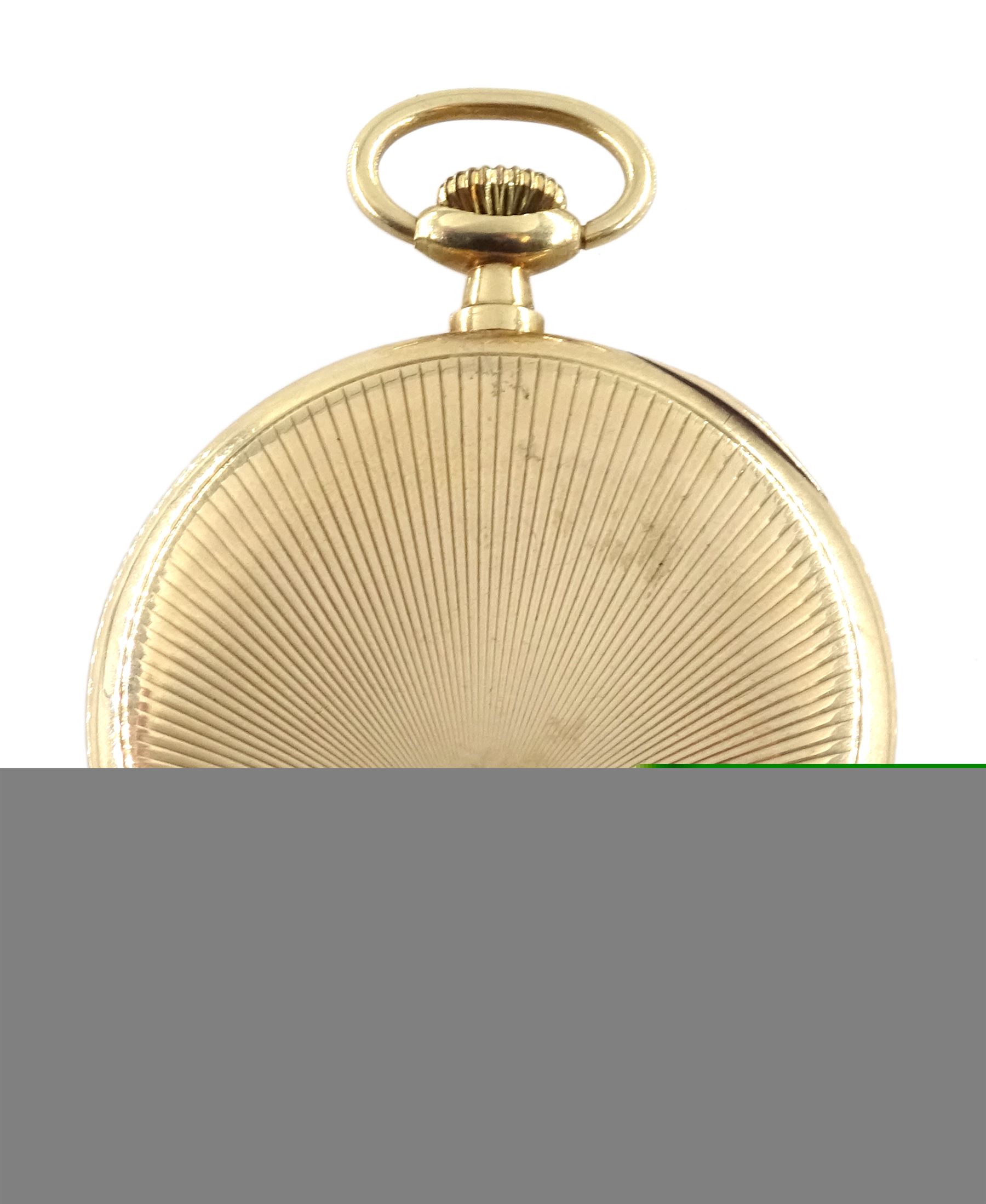Early 20th century Swiss 9ct gold open face, keyless slimline pocket watch, Poinçon de Maître hammer head, No.115, blue Arabic numerals and subsidiary seconds dial, engine turned sunburst back case with cartouche, London import marks 1926