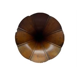 Early 20th century oak cased gramophone, the motor marked 'Garrard No.20 REF No.1030', with ribbed oak horn, base 30cm square; with one 78rpm record and Columbia tin of needles