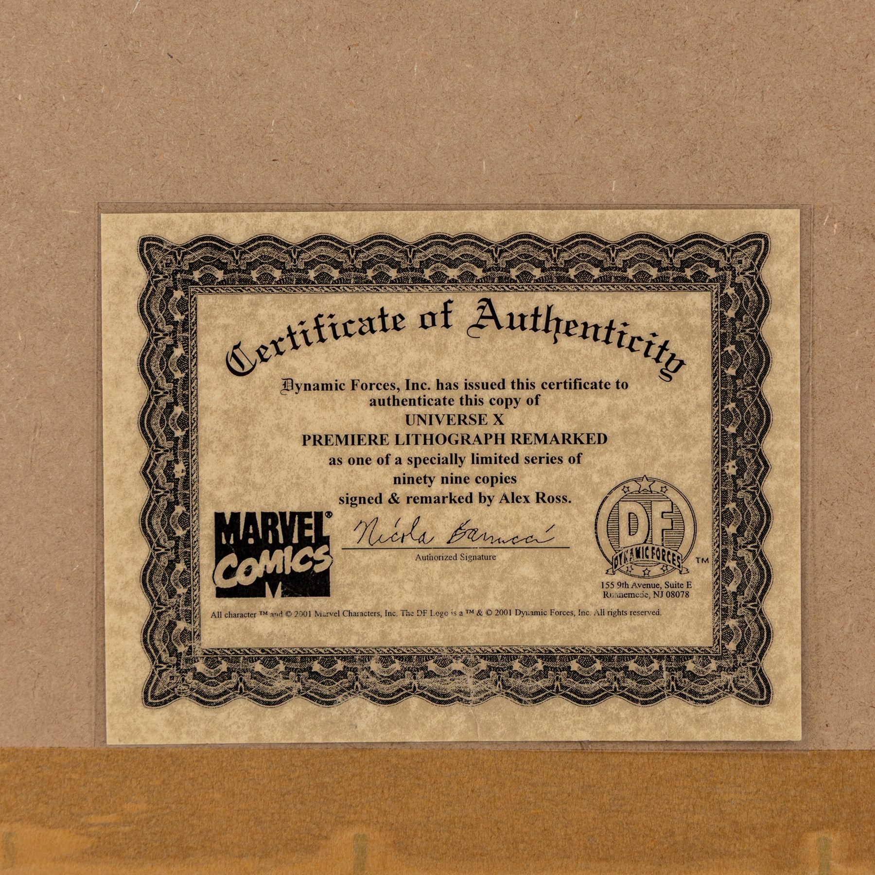 Four limited edition Dynamic Forces Marvel prints, comprising Universe X Premiere lithograph remarked and signed by artist Alex Cross limited no. 21/99, X-Men Death of Phoenix signed by artist Jae Lee, limited no. 7/1980, both with certificate of authenticity and two unsigned prints The Punisher and The Xmen, largest H67cm, W38cm (4)