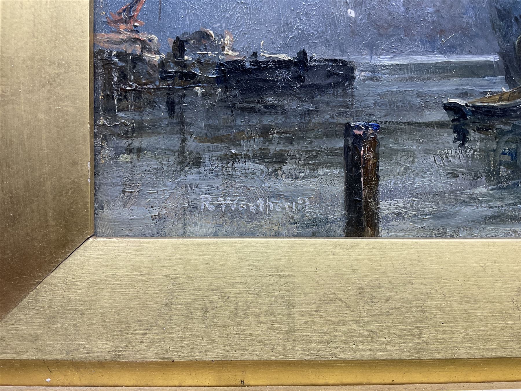 Richard Weatherill (British 1844-1913): Ships at Anchor in Whitby Harbour, oil on board signed 28cm x 45cm