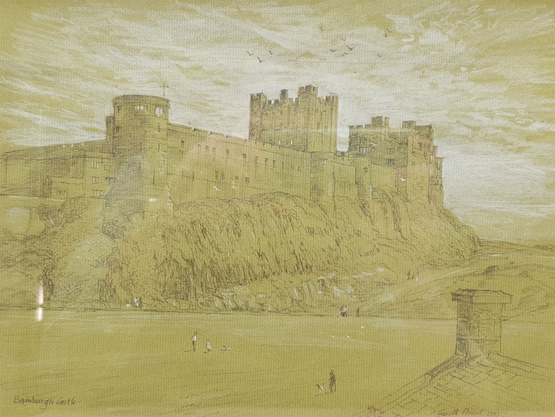 Gareth Floyd (British 1940-): 'Bamburgh Castle', pencil heightened in white signed and dated '87, 22cm x 29cm