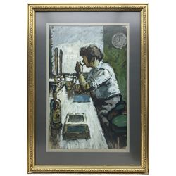 William Selby (Northern British 1933-): Smoking in the Hotel Bar, mixed media and oil on card signed 64cm x 41cm