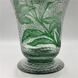 1930s Richardsons Cameo Rich vase of footed bell form, with green cut lilies over a planished effect ground below plain border, 20cm