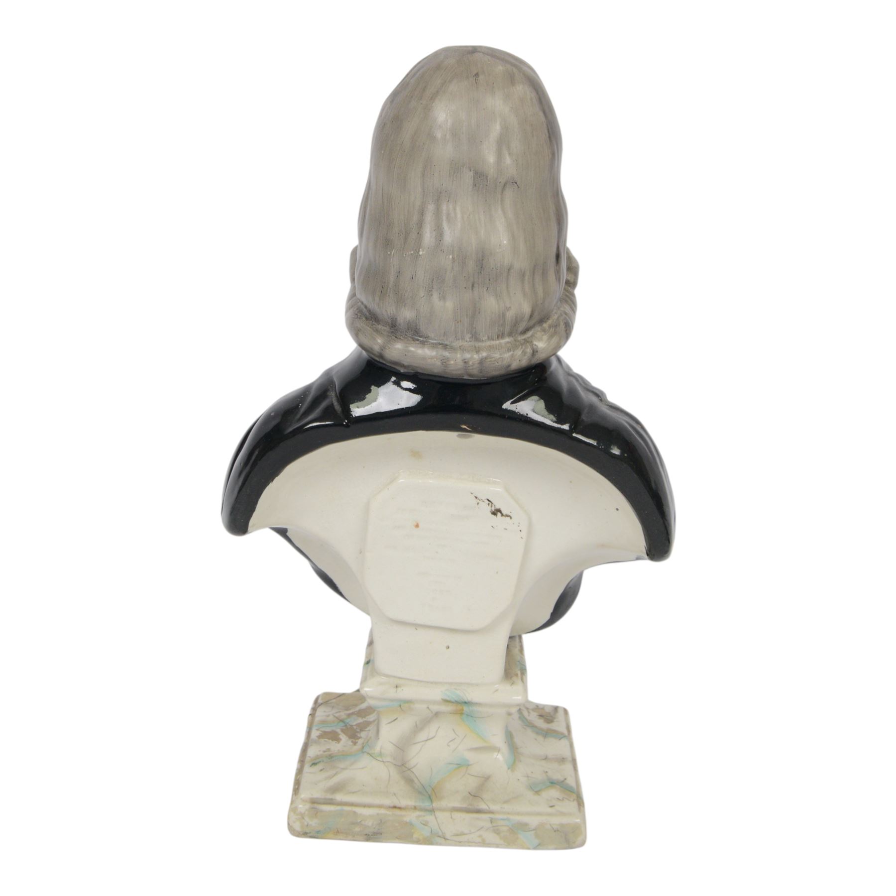 19th century Staffordshire Enoch Wood pottery bust, The Reverend John Wesley, mounted on a shaped marbleised plinth, with inset plaque to reverse, H30cm