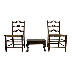 Pair 19th century waived and pierced ladder back kitchen chairs with rush seats
