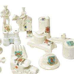 WWI crested china including Arcadian model of British Cavalry Soldier, another 'Tommy in Bayonet Attack', Swan China 'Despatch Rider', Arcadian 'Tommy Atkins', ambulance, E Boat, two tanks, Cenotaph etc