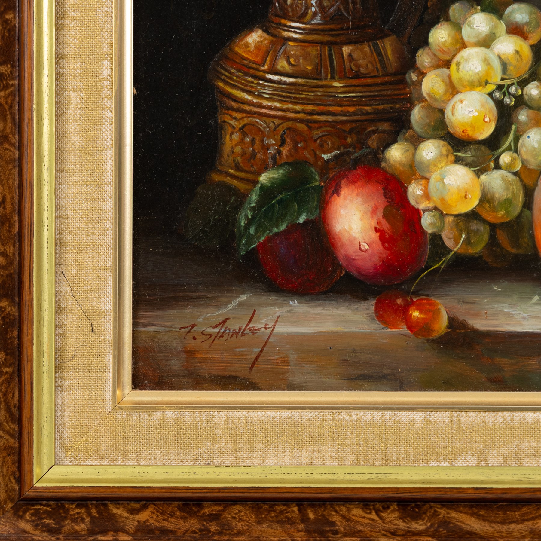 T Stanley (British late 19th/early 20th century): Still Lifes of Peaches Grapes and Foliage, pair of oils on board signed 19cm x 24cm (2)