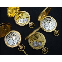 Four gold-plated full hunter lever pocket watches including American Watch Company Riverside and two Traveller's and a Thomas Russell & Son, all white enamel dials with Roman numerals and subsidereary seconds dials