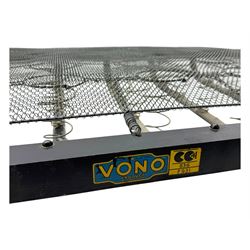 Mid-20th century walnut single bedstead, high shaped headboard, footboard with turned finials and scrollwork carvings, complete with 'Vono' iron frame, raised on cabriole supports