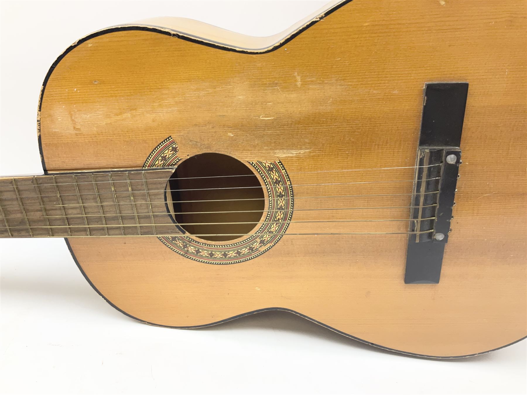 Skylark childs violin and bow, case, together with two other bows, an acoustic guitar and German Auto-Harps zither with floral decoration.   