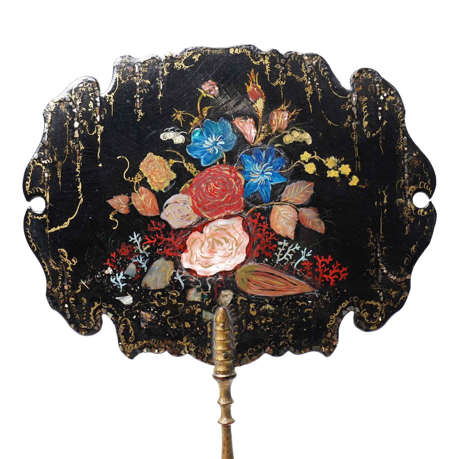 Pair of Victorian lacquered papier mache face screens, with inlaid mother of pearl decoration and painted with flowers, H39cm 