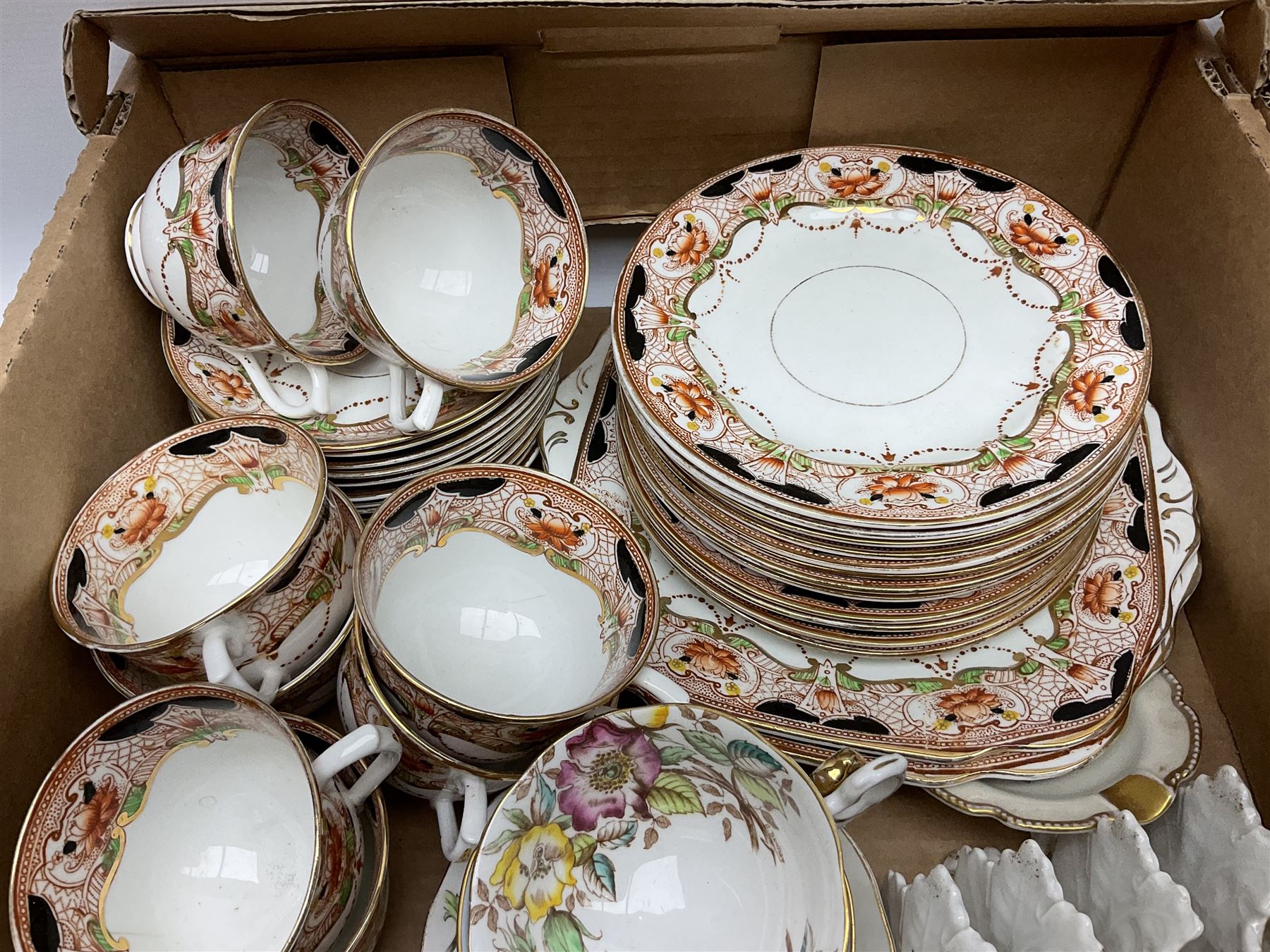 Brass middle Eastern coffee pot, part canteen cutlery, AA badge, Royal Vale teawares, other ceramics etc in two boxes