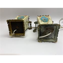 A pair of Japonesque vases, later converted to table lamps, each of square sided tapering form decorated with panels of lizards, birds and insects, with metal mounted bases and collars with twin drop handles, not including fixtures H21cm 
