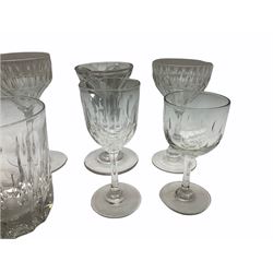 A group of 19th century and later drinking glasses, to include a toastmasters style glass with deceptive faceted bowl, H12cm, rummer upon baluster stem, two tumblers, etc.(8).
