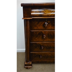  Victorian figured mahogany Scotch chest, single frieze drawer above two short and three long drawers, flanked by a pair of tapering pilasters on bun feet, W121cm, H137cm, D54cm  