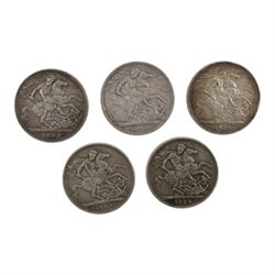 Five Queen Victoria silver one crown coins, 1889 (3) and 1892 (2)