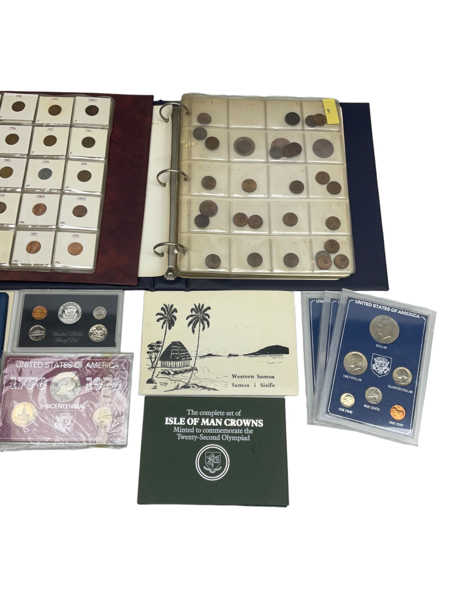 Great British and World coins, including various United States of America unofficial coin sets, Queen Elizabeth II Guernsey 1966 four coin set in The Royal Mint green case, Canada 1977 silver dollar, Isle of Man four coin crown set, Great British pre decimal coinage etc