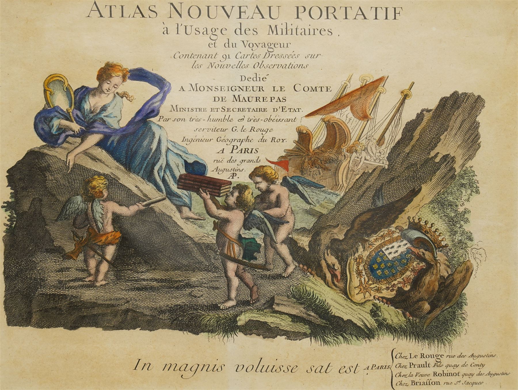 Georges-Louis Le Rouge (French c.1707- c.1790): Frontispiece for 'Atlas Nouveau Portatif à l'Usage des Militaires et du Voyageur' by Le Rouge depicting Putti presenting items to Venus with a wrecked ship, 18th century engraving with hand-colouring pub. c.1748, 22cm x 28cm