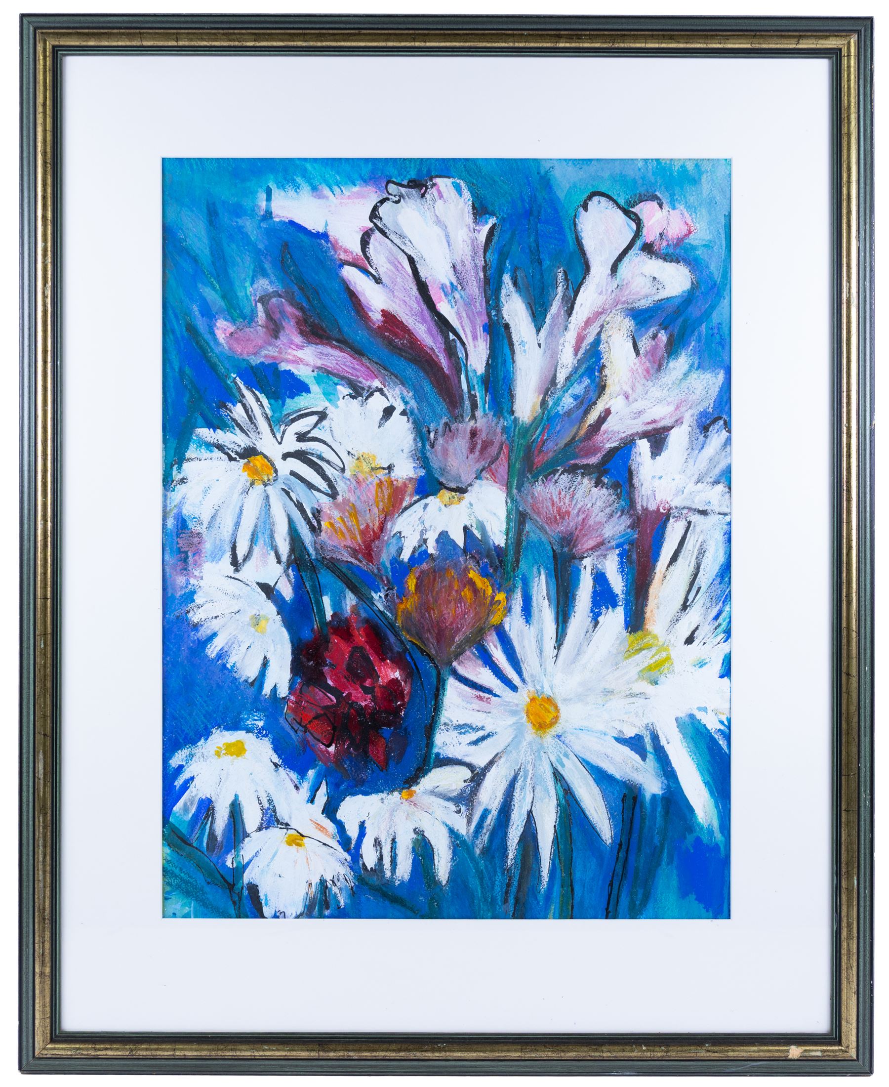 Clodagh McGuinness (Irish Contemporary): Still Life of Flowers, three large mixed media works variously signed, two 70cm x 52cm, smaller example 54cm x 40cm (3)
