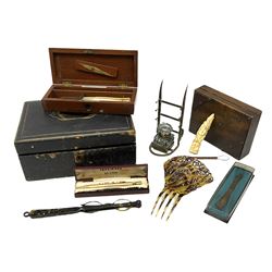 S Maw Son & Thompson cased scalpel set with three ivory handled examples with brass fixtures, together with cased Yard O Led engine turned propelling pencil, boxed Parker pen, novelty brass inkwell, etc