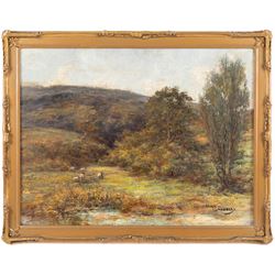 James Ulric Walmsley (British 1860-1954): Sheep Grazing on a Riverside, oil on canvas signed 32cm x 42cm