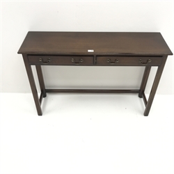 Georgian style mahogany side table, two drawers, square supports, W107cm, H71cm, D32cm