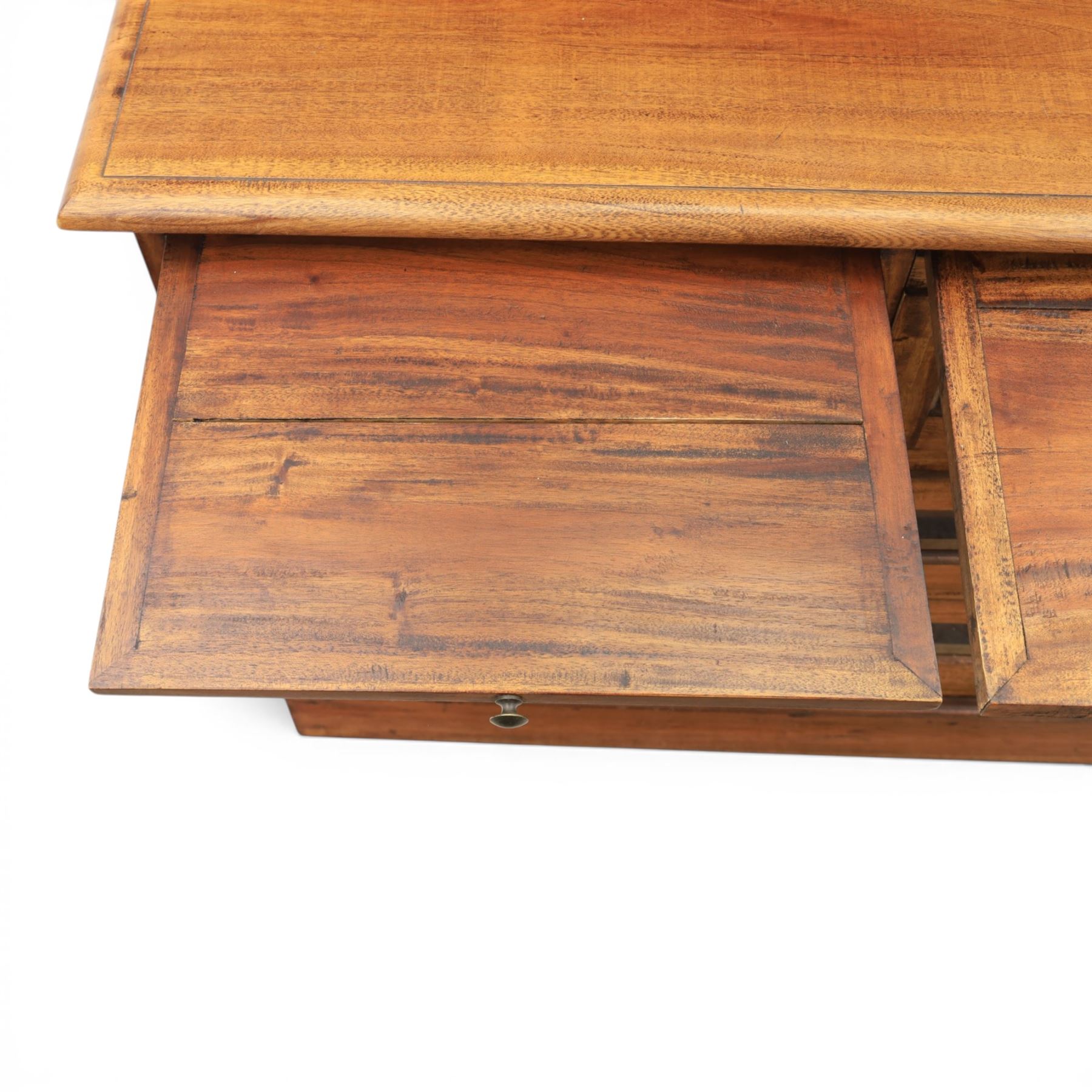 20th century Haberdashery style hardwood chest, two brushing slides, with six glass fronted drawers, blackened metal pulls, plinth base 