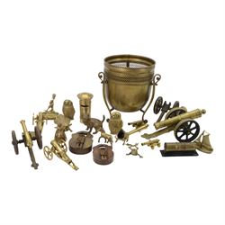 Collection of brassware, including money box in the form of a post box, cannon, jardiniere etc  