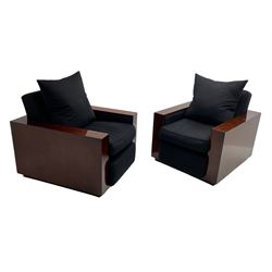 Ralph Lauren - pair 'Metropolis' Art Deco design club armchairs, rosewood finish box frame, upholstered in black fabric