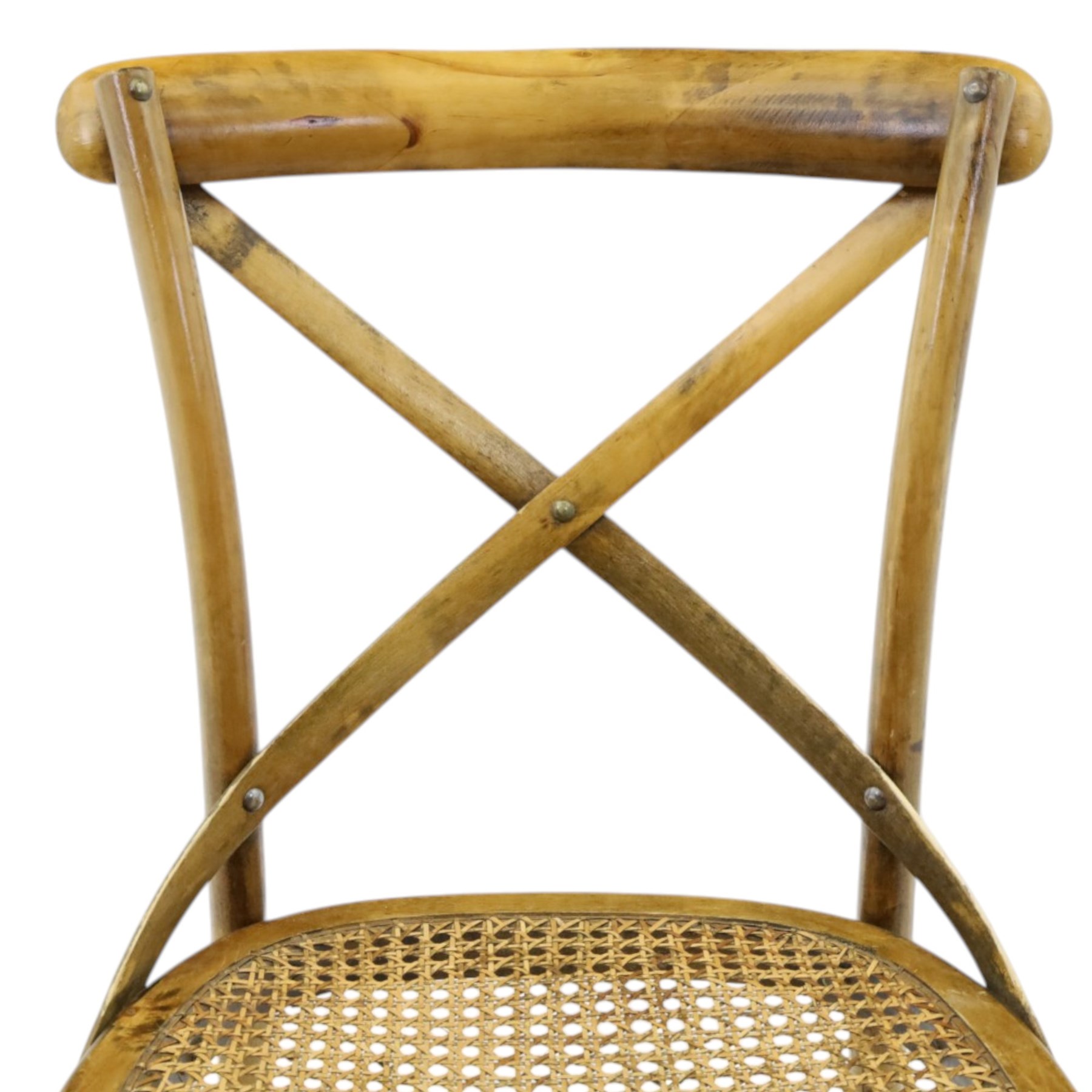 Set of four Oka style rattan dining chairs, bentwood frames inset rattan seat