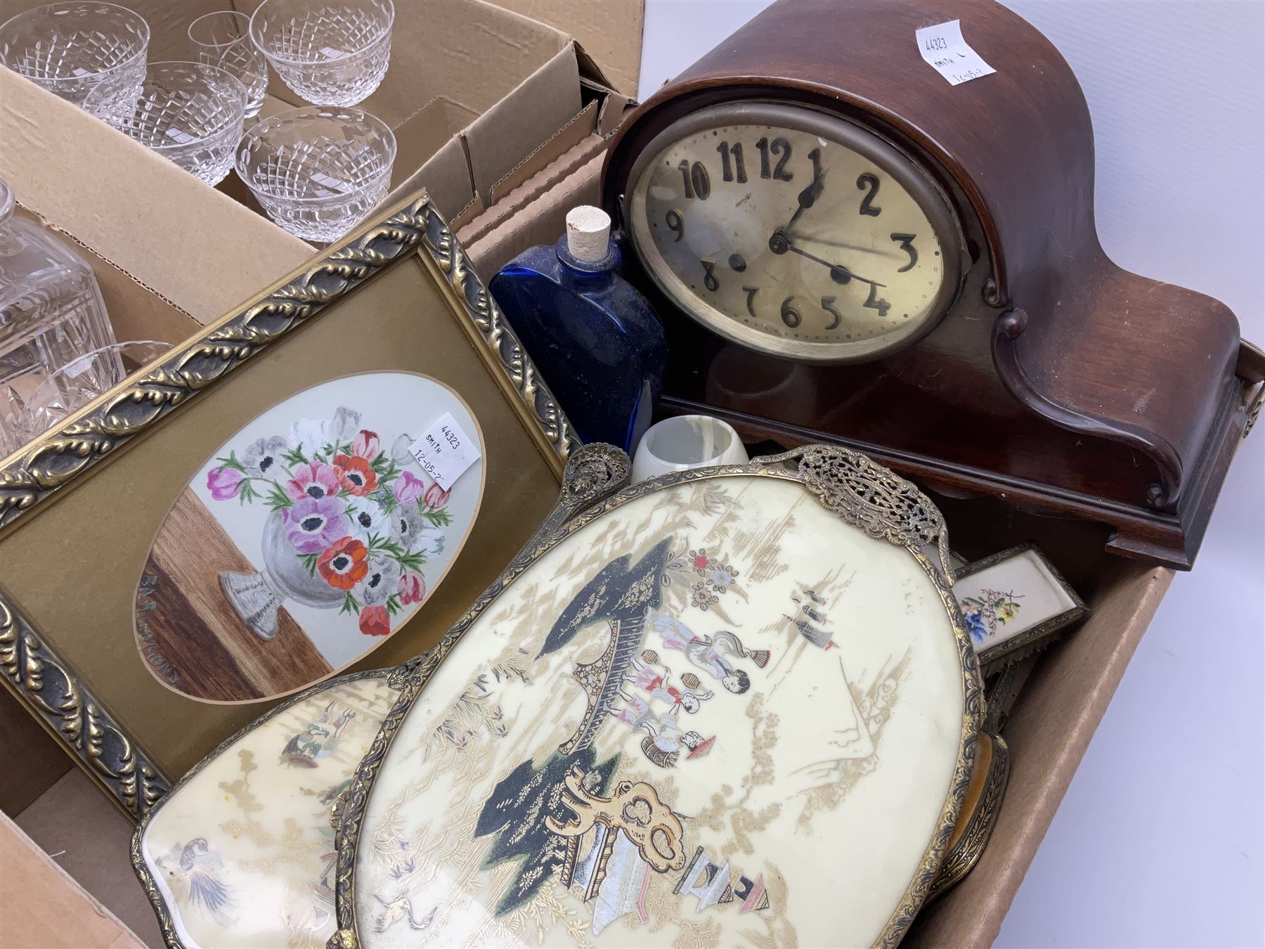Stuart Crystal Hardwicke pattern glasses, silver mounted glass tray stamped Birmingham 1909, silver collared bottle, pukeberg of Sweden owl paperweight, decanter, mantel clock, dressing table brush set etc in three boxes