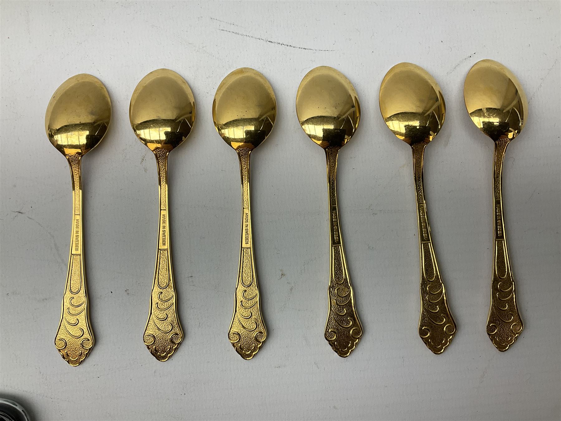 Victorian gold plated lorgnette glasses, 11cm and further set of six gold plated teaspoons stamped Sweden