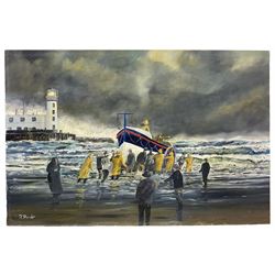 Robert Sheader (British 20th century): Return of the Scarborough Lifeboat, oil on board signed 40cm x 60cm (unframed)