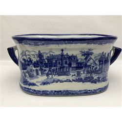 Victorian style, blue and white transfer printed footbath, decorated with town scene and with twin carry handles, L48cm