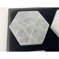 Set of six selenite hexagonal coasters, D7cm