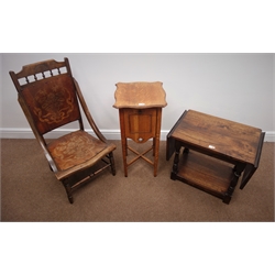  Victorian inlaid nursing chair, shaped and carved cresting rail, solid back and seat, turned supports and stretchers, a drop leaf joint style table and an Edwardian oak stand.  