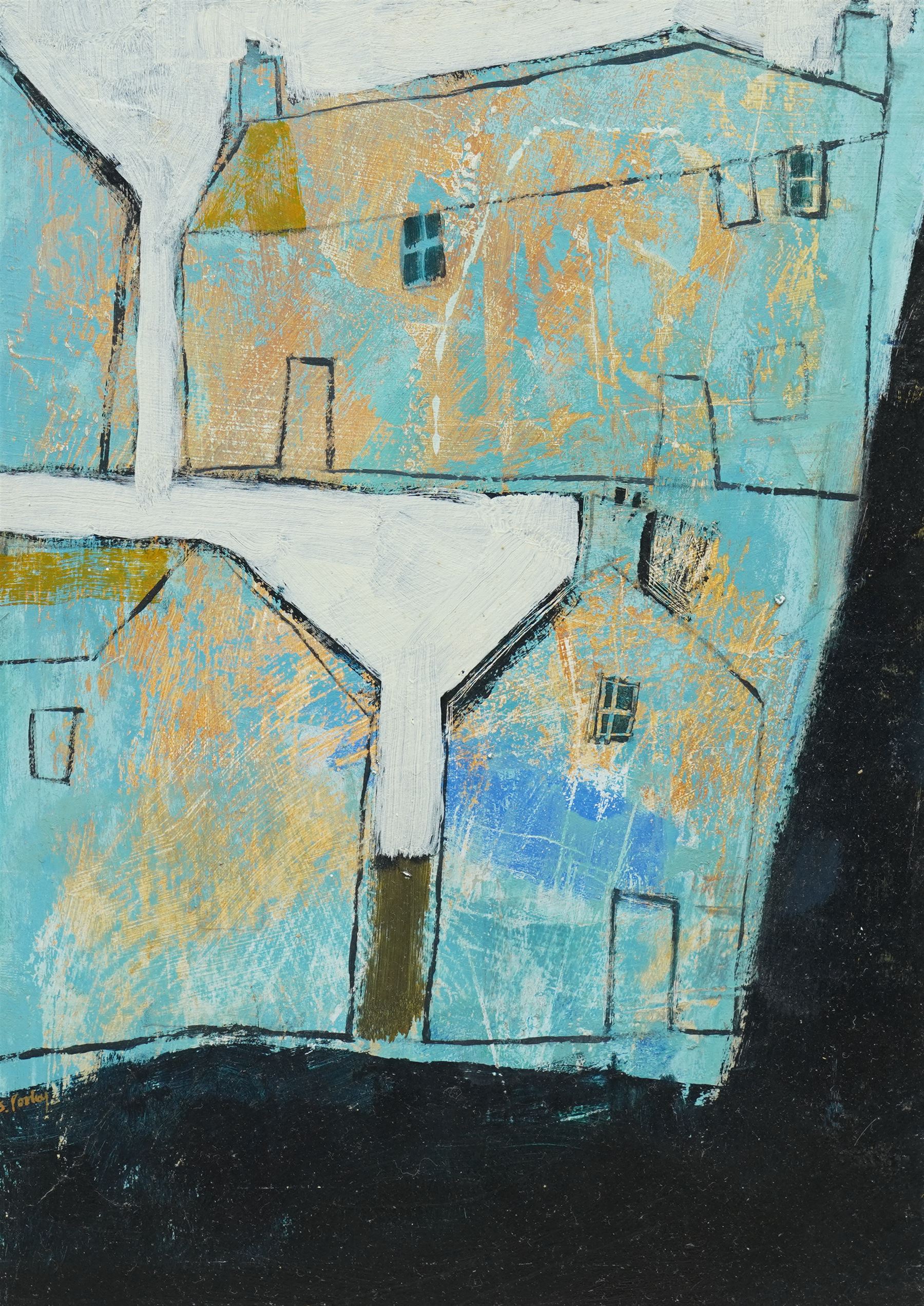Simon Pooley (Cornish 1955-): 'St Ives Street Corner', mixed media on board signed, titled and dated 2012 on artist's label verso 31cm x 22cm