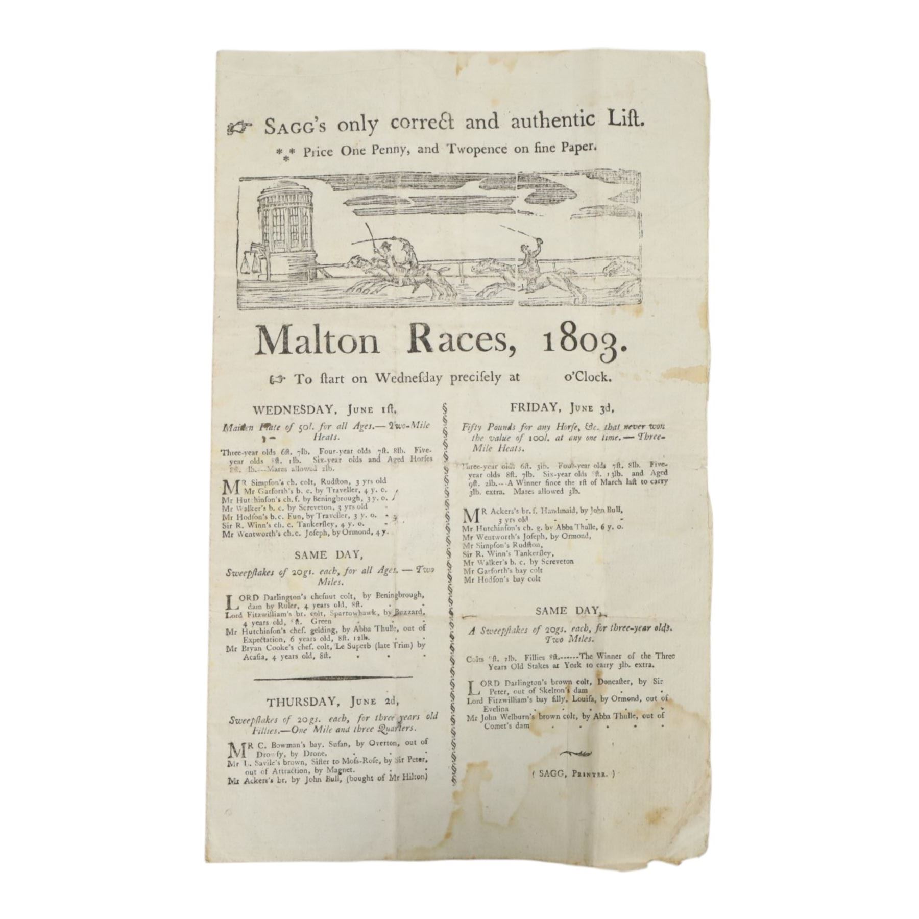 Early 19th century handbill for Malton Races June 1803 'Sagg's only correct and authentic list' with race details, runners and owners, named to back Revd. Harding, Pickering, H32cm