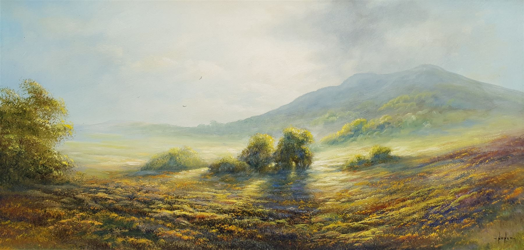Mike Nance (British Contemporary): Morning Mist, oil on board signed 30cm x 60cm
