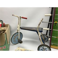 Collection of vintage and later toys, to include table football game with folding legs, tennis rackets, painted metal trike, snooker balls and cues etc
