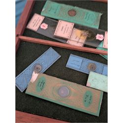 Victorian collector's specimen cabinet, containing a number of prepared microscope slides including miniature photographs, animal and human pathological, physiological and histological specimens and botanical specimens, mostly annotated in ink, the cabinet with glazed door, the drawers with bone handles and lined with green felt, owned by Dr Arthur Bristow, together with a picture of the doctor, cabinet H43cm