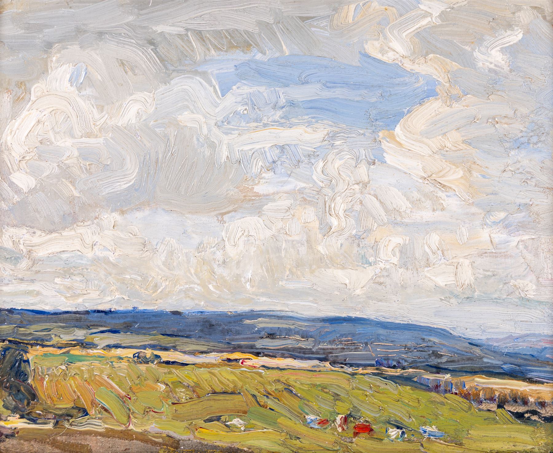 Mark Senior (Staithes Group 1964-1927): Hinderwell Landscape, oil on panel unsigned 21cm x 26cm 
Notes: probably exh. Phillips & Sons, in a style of frame favoured by Peter Phillips.