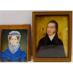  Portrait of a Gentleman and Lady, two 19th century ivory miniature portraits unsigned 11.5cm x 8.5cm and 9cm x 7cm (2)  