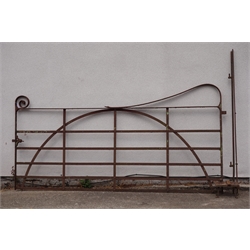  19th century large wrought iron estate gate, arched cross bar with scroll finial, with latch, wall hanging and last brackets (not correct size), W274cm, H139cm  