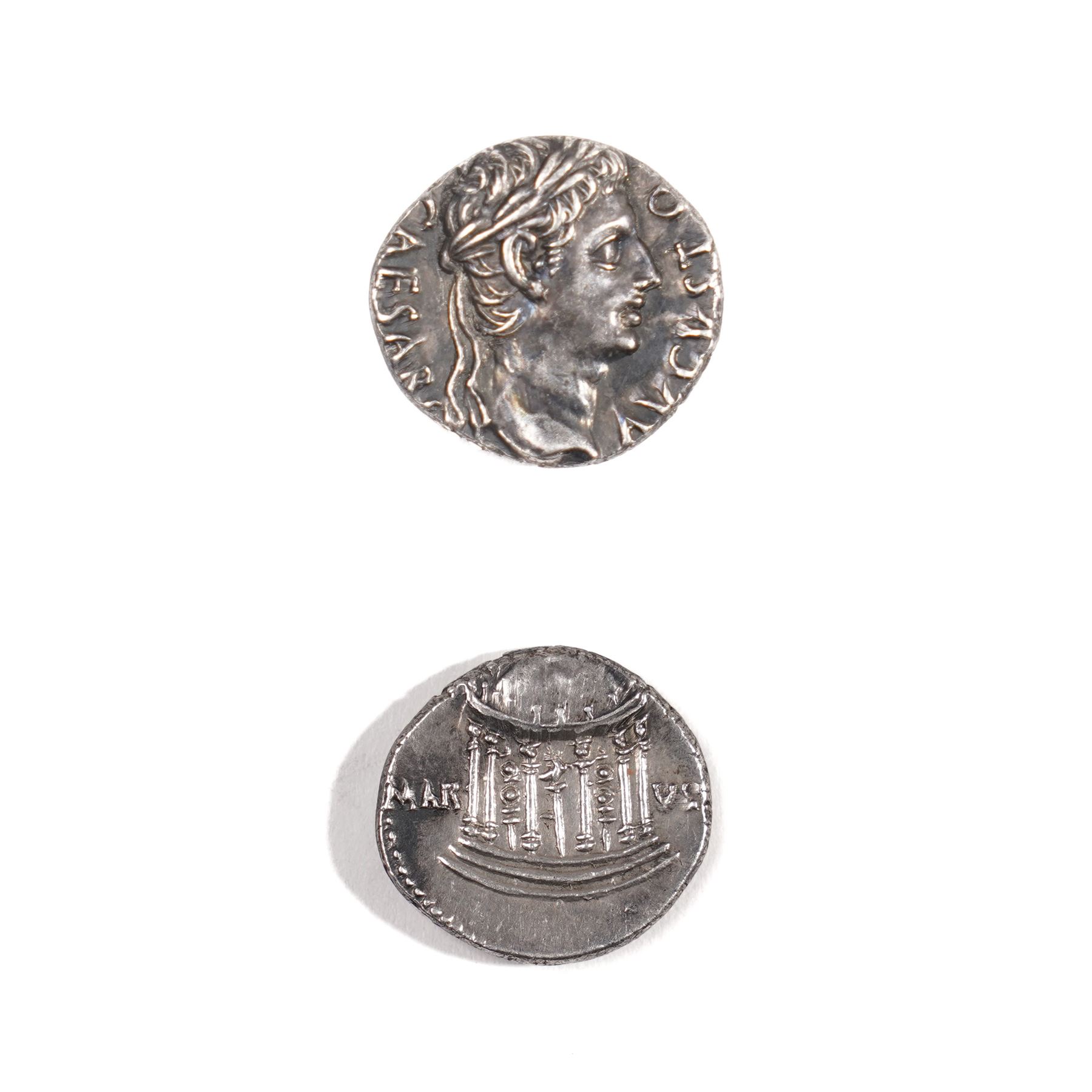 Roman Empire - Augustus (27 BC-AD 14): Silver Denarius coin, obverse laureate head of Augustus right, reverse temple of Mars Ultor with cult statue within 'MAR-VS'; c.19-18 BC, attributed to Rome mint