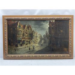 Frank Hider (British 1861-1933): 17th century Street Scene by Moonlight, oil on canvas signed and dated 1886, 59cm x 106cm