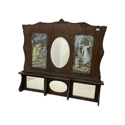 Early 20th century oak overmantle mirror, four bevelled panels with two Sydney Mushamp watercolour prints
